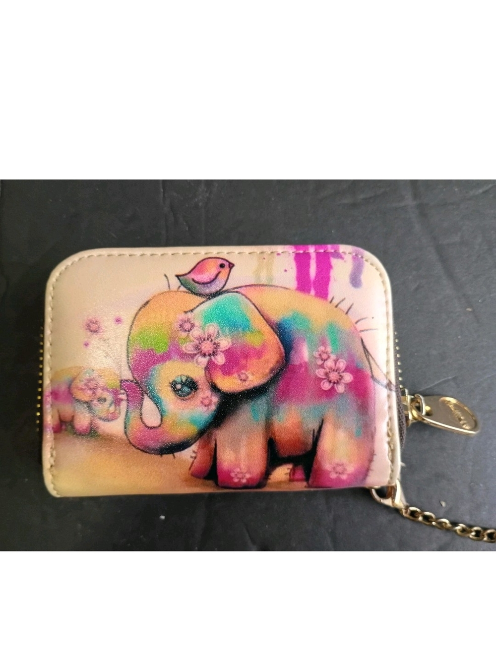 Multicolor Elephant Print Zip-Around Card Wallet with Zipper Accent, Women's